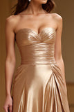 Guld Stropløs A Line Metallic Satin Gallakjole