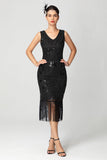 Sort bordeaux paillet V-hals frynset Midi Flapper kjole