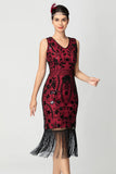 Sort bordeaux paillet V-hals frynset Midi Flapper kjole