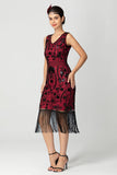 Sort bordeaux paillet V-hals frynset Midi Flapper kjole