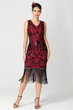Sort bordeaux paillet V-hals frynset Midi Flapper kjole