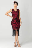 Sort bordeaux paillet V-hals frynset Midi Flapper kjole