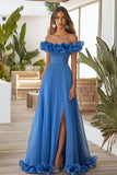Off the Shoulder Blå En linje formel kjole med slids