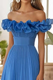 Off the Shoulder Blå En linje formel kjole med slids