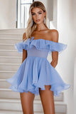 Blå A Line flæsede Chiffon Mini Cocktail Kjole
