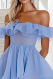 Blå A Line flæsede Chiffon Mini Cocktail Kjole
