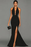 Havfrue Sort Halter Satin Lang Formel Kjole med Slids