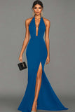 Havfrue Sort Halter Satin Lang Formel Kjole med Slids