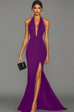 Havfrue Sort Halter Satin Lang Formel Kjole med Slids