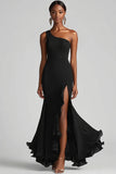 Sort Chiffon One Shoulder Havfrue Formel Kjole med Slids