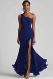 Sort Chiffon One Shoulder Havfrue Formel Kjole med Slids