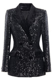 Glitrende sort paillet Peak revers dobbeltradet kvinder bal blazer