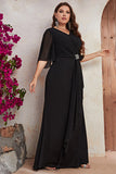 Plus Size Sort Chiffon Lang Mor Kjole med Flæser