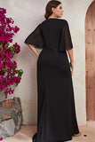 Plus Size Sort Chiffon Lang Mor Kjole med Flæser