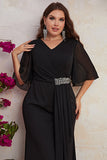 Plus Size Sort Chiffon Lang Mor Kjole med Flæser