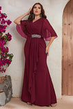 Plus Size Sort Chiffon Lang Mor Kjole med Flæser