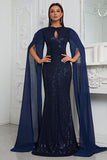 Glitrende Navy havfrue Beaded Lang Mor Af Bruden Kjole med Kappe