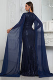 Glitrende Navy havfrue Beaded Lang Mor Af Bruden Kjole med Kappe