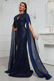 Glitrende Navy havfrue Beaded Lang Mor Af Bruden Kjole med Kappe