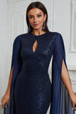 Glitrende Navy havfrue Beaded Lang Mor Af Bruden Kjole med Kappe