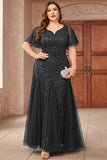 Glitrende sort plus size lang kjole til brudens mor med applikationer