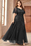 Glitrende sort plus size lang kjole til brudens mor med applikationer