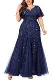 Glitrende sort plus size lang kjole til brudens mor med applikationer