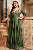 Oliven Plus Size Satin Lang Kjole til Brudens Mor med Applikeret