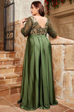 Oliven Plus Size Satin Lang Kjole til Brudens Mor med Applikeret