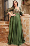 Oliven Plus Size Satin Lang Kjole til Brudens Mor med Applikeret