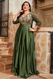 Oliven Plus Size Satin Lang Kjole til Brudens Mor med Applikeret
