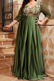 Oliven Plus Size Satin Lang Kjole til Brudens Mor med Applikeret