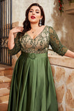 Oliven Plus Size Satin Lang Kjole til Brudens Mor med Applikeret