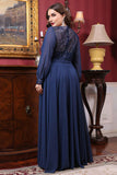 Navy Chiffon En linje Langærmet Kjole til brudens mor