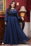 Navy Chiffon En linje Langærmet Kjole til brudens mor