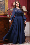 Navy Chiffon En linje Langærmet Kjole til brudens mor