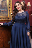 Navy Chiffon En linje Langærmet Kjole til brudens mor