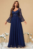 Navy Chiffon Blomstret Korset Lang Mor Kjole