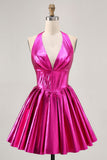 Metallisk Fuchsia Halter plisseret Homecoming kjole