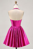 Metallisk Fuchsia Halter plisseret Homecoming kjole