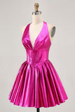 Metallisk Fuchsia Halter plisseret Homecoming kjole