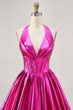 Metallisk Fuchsia Halter plisseret Homecoming kjole
