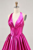 Metallisk Fuchsia Halter plisseret Homecoming kjole