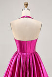 Metallisk Fuchsia Halter plisseret Homecoming kjole