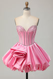 Pink Bodycon Sweetheart Satin Korset Homecoming Kjole med Rhinsten