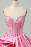 Pink Bodycon Sweetheart Satin Korset Homecoming Kjole med Rhinsten