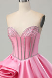 Pink Bodycon Sweetheart Satin Korset Homecoming Kjole med Rhinsten