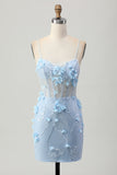 Blå Bodycon Korset Pailletter Kort Homecoming Kjole med 3D Blomster