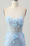 Blå Bodycon Korset Pailletter Kort Homecoming Kjole med 3D Blomster
