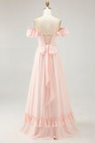 Off The Shoulder Blush Ruffled A Line brudepige kjole med slids